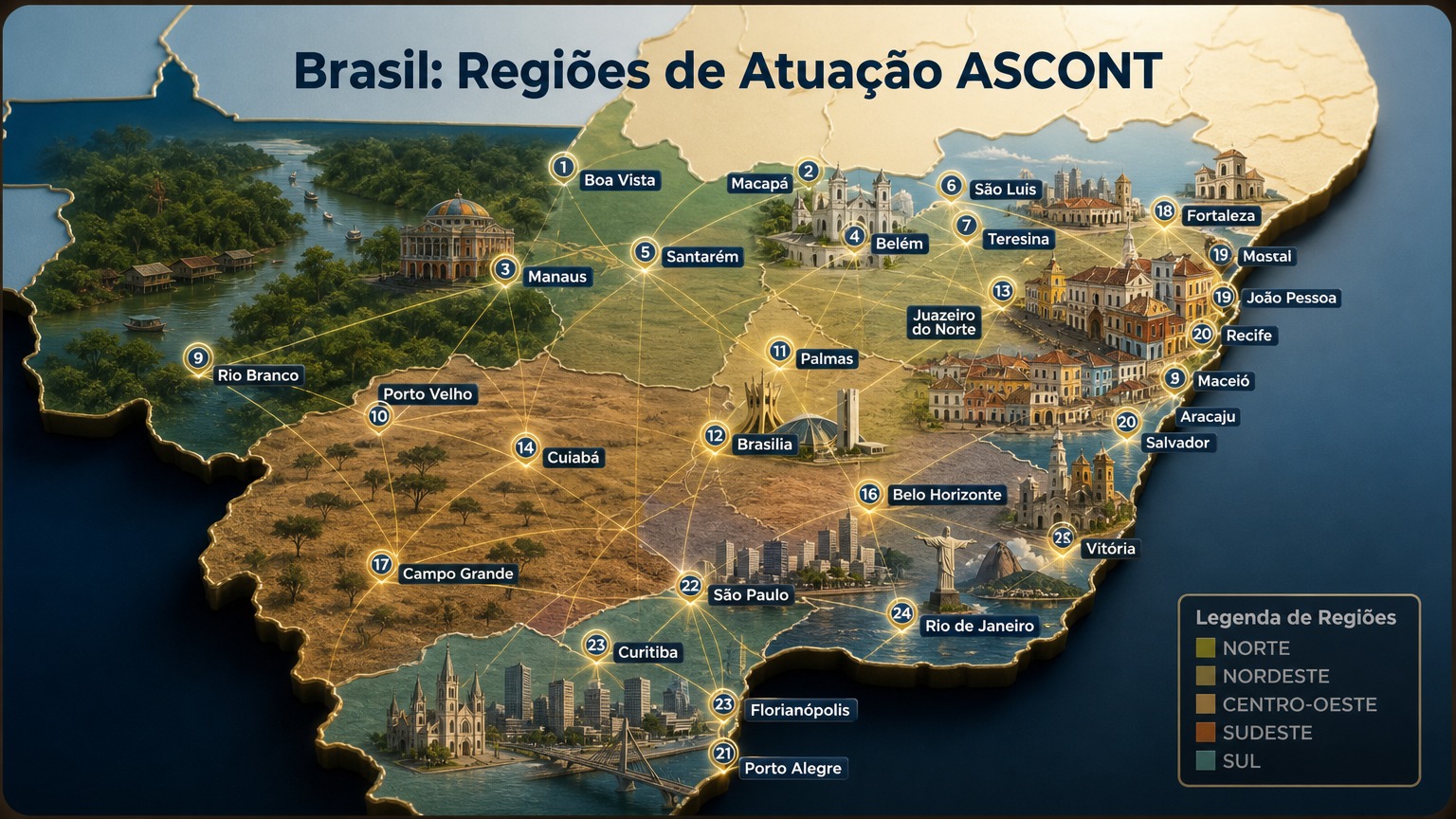 Mapa do Brasil destacando as regiões de atuação da ASCONT: Goiás, Distrito Federal, Minas Gerais, Bahia e São Paulo